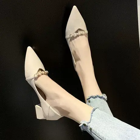 网红尖头女鞋春秋单鞋女2023春季新款韩版中跟粗跟浅口淑女高跟鞋图片