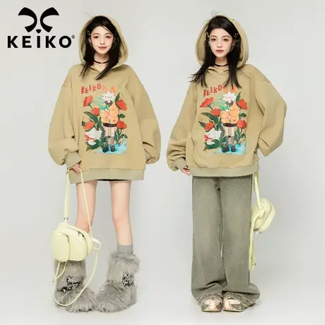 KEIKO [加密绒]设计感印花卫衣女加厚秋冬慵懒日系复古连帽外套商品大图