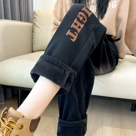 加绒刺绣直筒牛仔裤女秋冬季大码胖mm高腰显瘦宽松哈伦老爹裤子潮商品大图