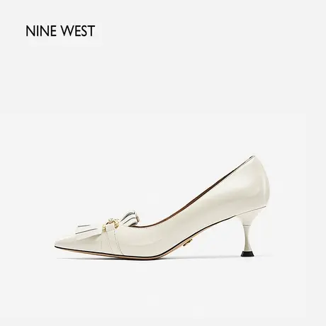 Nine West/玖熙流苏金属扣高跟鞋春新款法式中跟尖头气质单鞋黑色图片