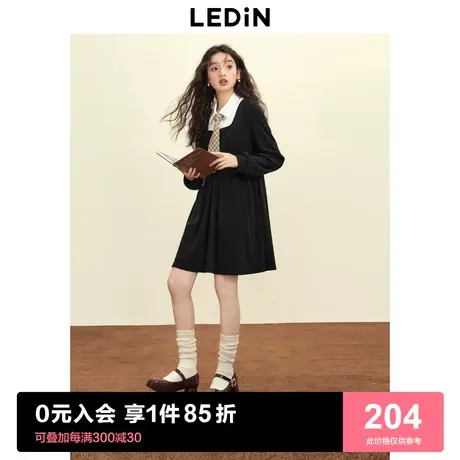 乐町衬衫领假两件连衣裙春季长袖肌理感黑色女装学院风甜美裙子商品大图