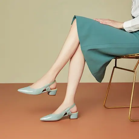 2024夏季新款真皮时尚气质粗跟单鞋百搭中跟包头凉鞋女软皮不磨脚商品大图