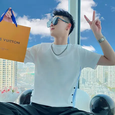 夏季男士t恤男装短袖修身半袖潮流圆领侧面排扣拼接休闲时尚体恤商品大图