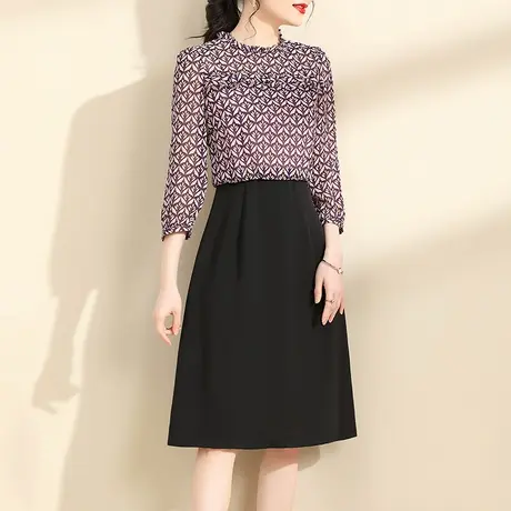 水墨青华百搭显瘦雪纺印花拼接连衣裙2023新款秋装气质假两件套裙图片