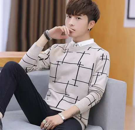 秋冬季假两件毛衣男士韩版衬衫领针织衫假领长袖衬衣带领子上衣潮商品大图