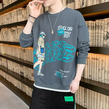 2022秋季圆领套头卫衣男士韩版潮流炸街青少年学生长袖T恤打底衫商品大图