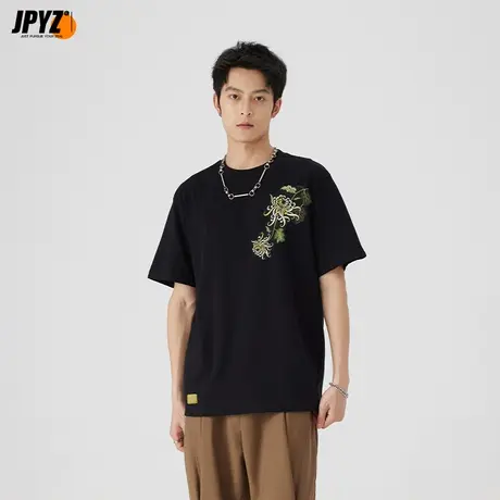 纯棉短袖t恤2023男女宽松休闲潮牌款体恤菊花刺绣国风大码打底衫图片
