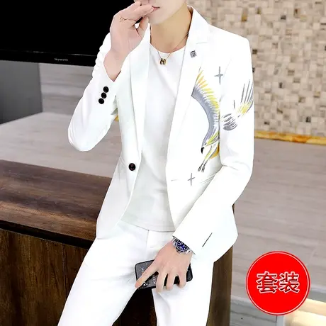 西服外套春秋季韩版痞帅男装一套衣服网红潮牌发型师修身西装套装图片