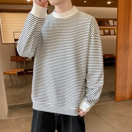 德绒卫衣男秋冬季新款加厚保暖半高领打底衫男生潮牌条纹秋装上衣商品大图