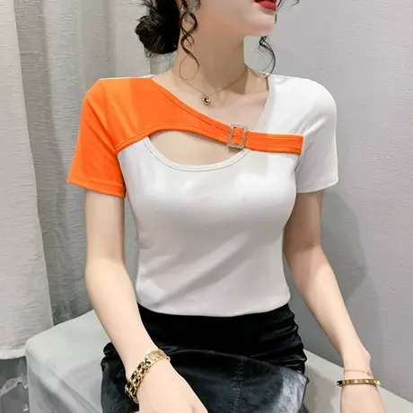 2023夏季新款时尚拼色T恤女短袖性感镂空紧身小衫气质别致上衣ins商品大图