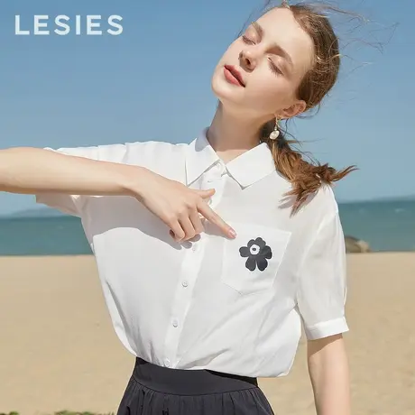 LESIES蓝色倾情夏季新款女装学院风翻领印花衬衫设计感小众上衣图片