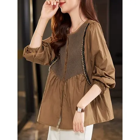 宝诗黎圆领针织拼接长袖套头衬衣设计感小众早秋衬衫上衣2023新款商品大图