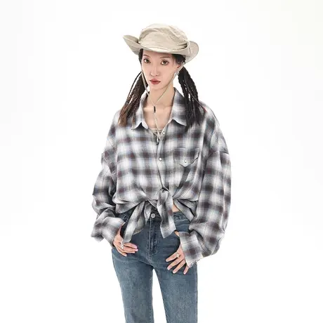 中长款格子衬衫女春秋2023新款宽松oversize衬衣潮牌复古休闲外套商品大图