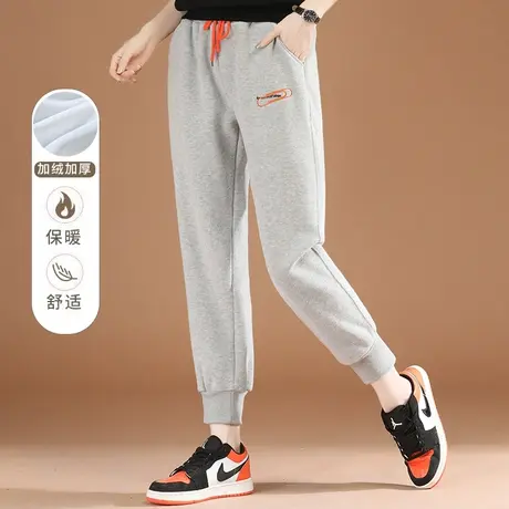 韩潮袭人松紧腰灰色加绒束脚运动裤女2023冬新款宽松显瘦休闲卫裤图片