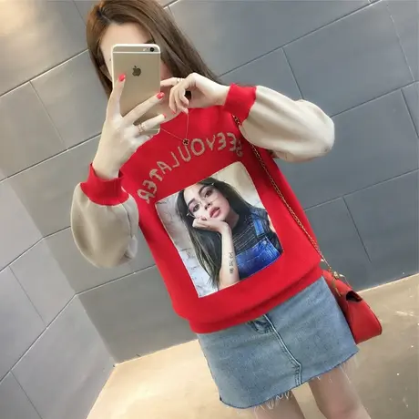 2018春装新款圆领人物印花针织衫长袖打底韩版宽松拼色毛衣女潮图片