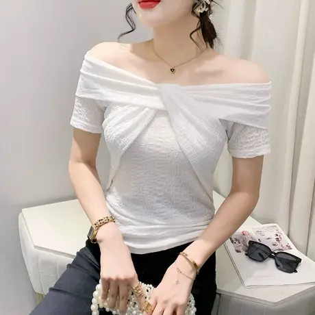 欧货一字领女装时尚性感露肩T恤短袖气质百搭小衫设计感小众上衣图片