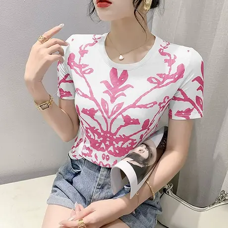 拼色印花短袖T恤女2024夏季新款气质圆领小衫时尚网纱上衣半袖潮商品大图
