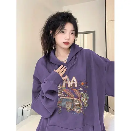 连帽卫衣外套女秋冬2023新款爆款oversize美式复古宽松加绒上衣冬商品大图