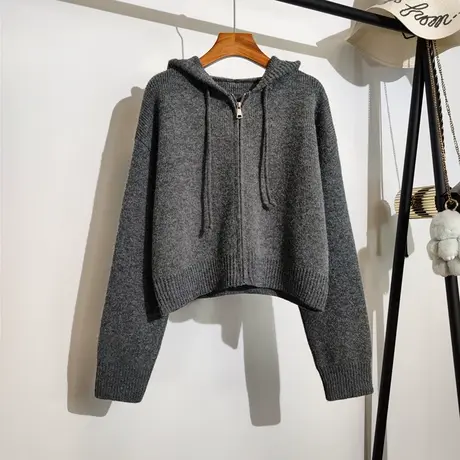 连帽针织开衫女秋冬新款宽松慵懒风休闲加厚上衣短款拉链毛衣外套商品大图