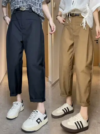 黑色高级感西装裤女夏高腰直筒九分萝卜长裤垂感休闲阔腿哈伦裤子图片