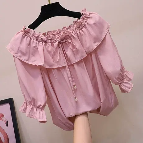 网红一字领雪纺衫女短袖百搭甜美荷叶边夏季漏肩上衣洋气衬衫女潮商品大图