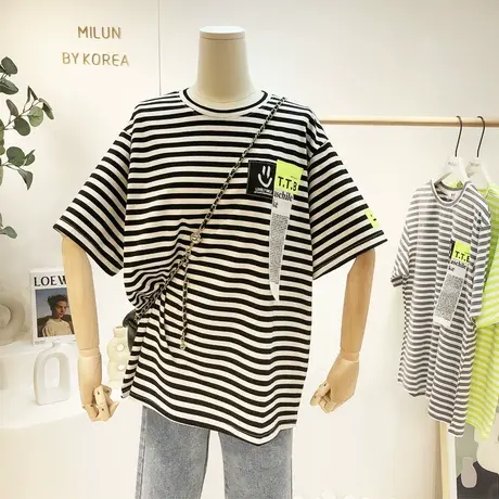 2021春夏新款韩国东大门ins潮超火短袖笑脸字母条纹T恤欧货大码女商品大图