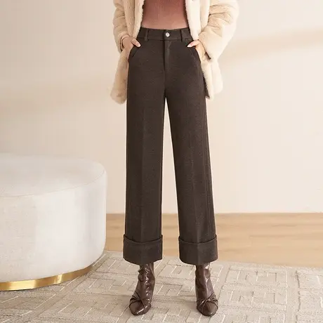 羊毛呢九分直筒裤女秋冬2023新款翻边显瘦通勤职业裤子气质休闲裤图片