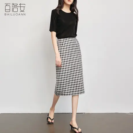 百洛安格子半身裙春季新款高腰显瘦包臀裙中长款一步裙开叉女裙子图片