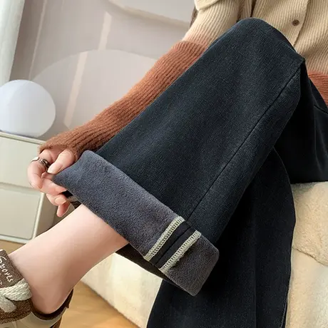 复古阔腿牛仔裤女秋冬2023新款宽松窄版小个子高腰加绒加厚直筒裤商品大图