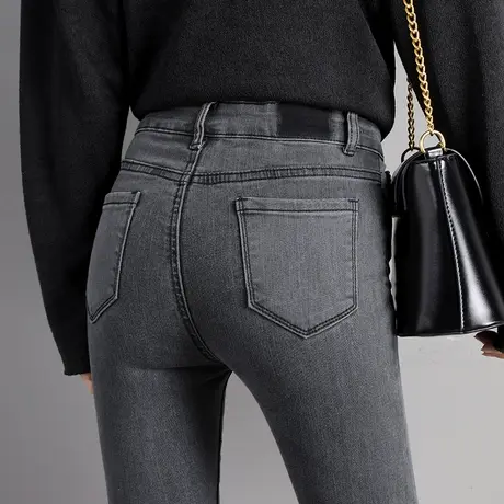 烟灰色牛仔裤女紧身2023新款春秋新款高腰显瘦修身黑色九分小脚裤图片