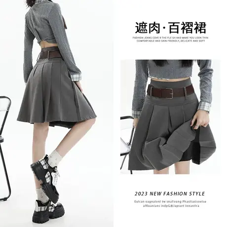 灰色半身裙女秋季2023年新款设计感高腰显瘦遮肉百搭A字百褶裙子图片