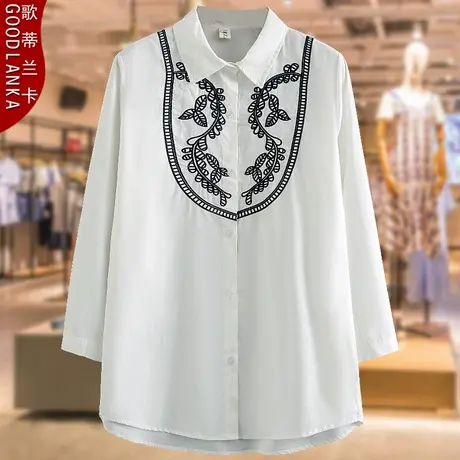 加肥加大码中年胖妈妈春秋衬衣2023新款宽松刺绣女士纯棉长袖衬衫商品大图