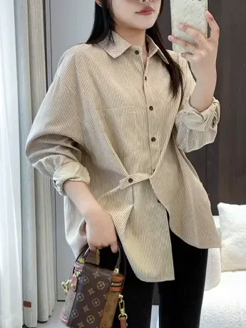 条纹衬衫女秋季新款欧货设计感小众复古宽松长袖中长款衬衣潮外套图片