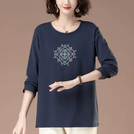 长袖T恤女2023春秋季新款加肥加大码女装宽松显瘦妈妈装刺绣体恤商品大图