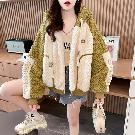 羊羔毛外套女2023新款秋冬季韩版宽松加绒加厚初冬小个子开衫卫衣商品大图