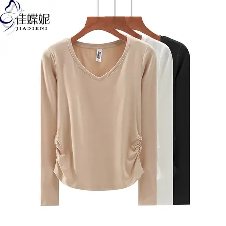 秋冬新款V领修身褶皱纯欲纯棉纯色显瘦长袖体恤上衣内搭女打底衫商品大图
