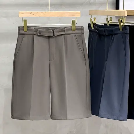 附腰带设计夏季韩版修身五分裤男休闲裤短裤轻商务小直筒薄款西裤商品大图