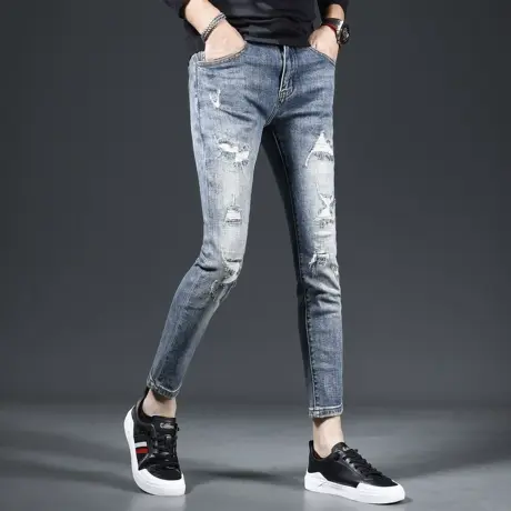 高级牛仔裤男九分裤蓝色破洞修身小脚潮流弹力男士秋冬款潮流裤子商品大图