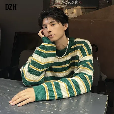 男士撞色条纹毛衣慵懒风男2023新款爆款外套秋装上衣超好看针织衫商品大图