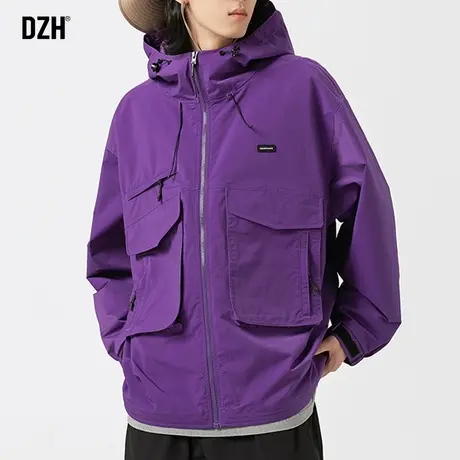男生紫色工装冲锋衣男款秋季男装2023新款连帽夹克外套男春秋痞帅商品大图