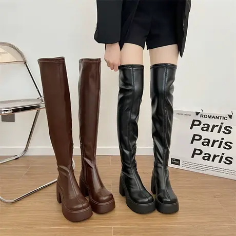 长筒靴女小个子高跟靴2023新款秋冬瘦瘦靴显瘦高筒长靴超火马丁靴商品大图