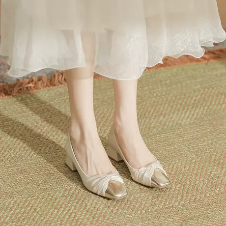 玛丽珍高跟鞋女粗跟2024年新款拼接方头小香风单鞋气质名媛不累脚商品大图