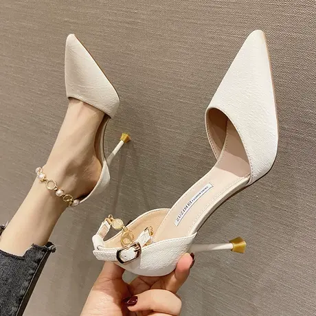 法式少女高跟鞋2024年新款性感尖头一字扣百搭气质水钻细跟凉鞋女商品大图
