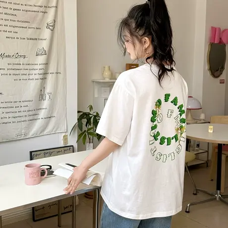 唐狮短袖T恤女士夏季美式宽松圆领打底衫纯棉时尚洋气白色上衣图片