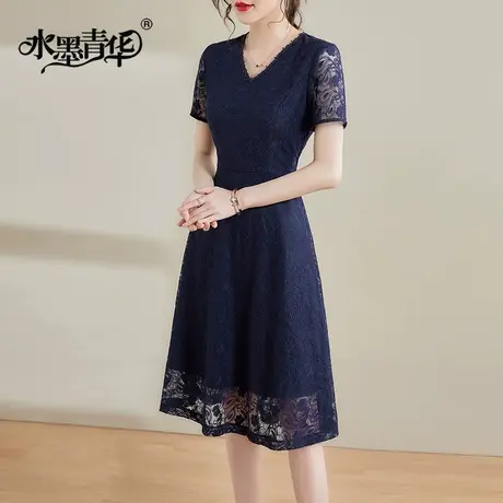 【1件7.9折】连身裙夏季新款显瘦V领短袖连衣裙中长款修身蕾丝裙商品大图