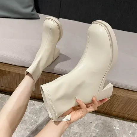 短靴女2023年新款秋冬季韩版显瘦高跟短筒靴时尚方头粗跟切尔西靴商品大图