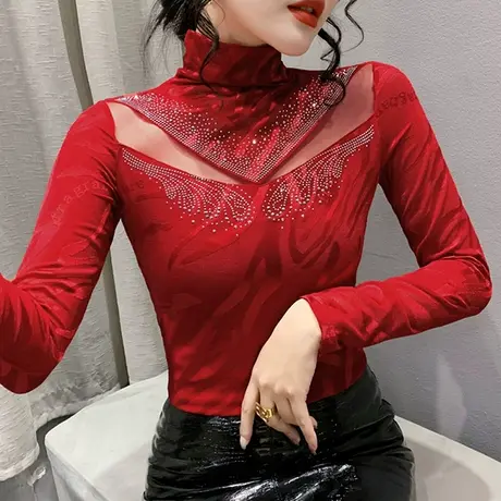 性感镂空网纱上衣女气质修身显瘦T恤长袖加绒加厚半高领打底衫ns商品大图