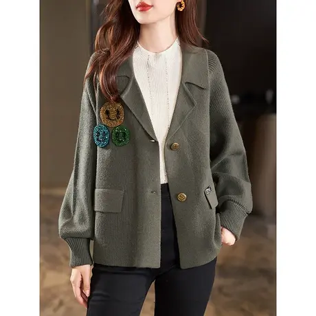 宝诗黎2023年新款翻领钉珠针织短款外套春秋休闲百搭上衣洋气女装图片