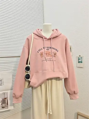 秋冬新款天使小熊印花连帽卫衣女加绒加厚韩版休闲宽松遮臀上衣服商品大图