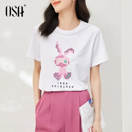 OSA欧莎白色十字绣兔子印花短袖T恤女夏季2023年新款薄款正肩上衣图片